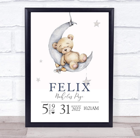 The Card Zoo Birth Details Nursery Christening New Baby Teddy Moon Keepsake Gift Print