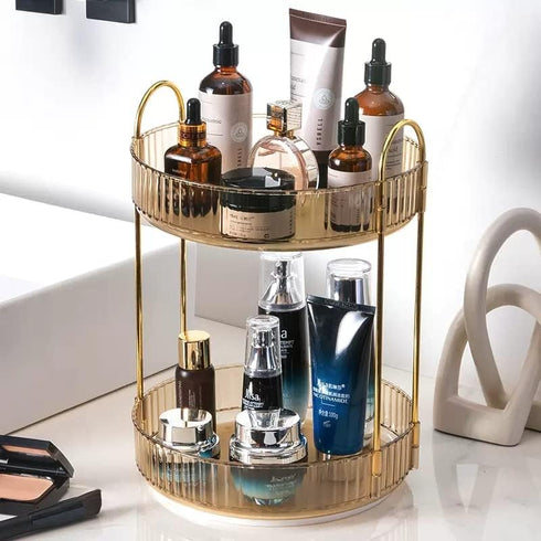 Makeup Organizer for Vanity, 360° Rotating Bathroom Organizer Countertop, High-Capacity Skincare Organizer, Spinning Cosmetics Organizer for Dresser Countertop (2 Tiers, Amber)