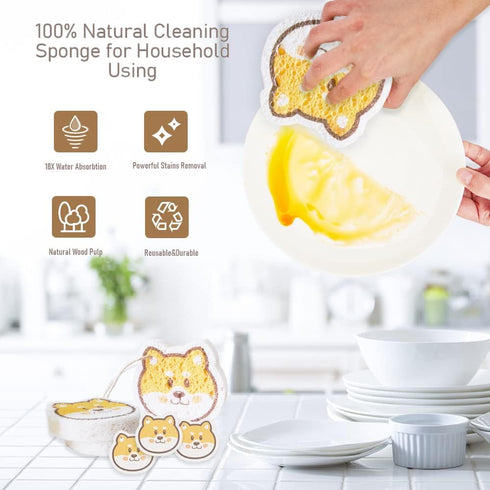 Smile Dog Compressed Cellulose Kitchen Sponges, 3 Counts Reusable Natural Cleaning Sponges for Household Cleaning