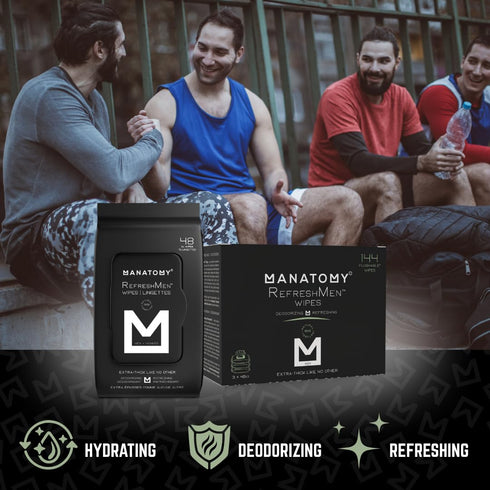 MANATOMY Pack, 3 48ct 144 RefreshMen Hygiene Man Wipes, with Aloe Vera & Chamomile, Extra-Thick & Extra-Large