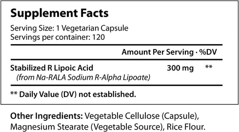 R-Alpha Lipoic Acid 300mg Stabilized, 120 Vegetarian Capsules | Na R-ALA Supplement | Non-GMO Gluten Free