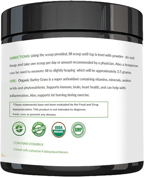 Barley Grass Powder - USDA Certified Organic, Non-GMO, Vegan, Rich in Antioxidants, Protein, Fiber, 200 Grams