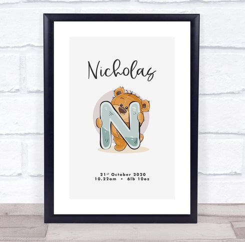 The Card Zoo New Baby Birth Details Christening Nursery Bear Initial N Keepsake Gift Print