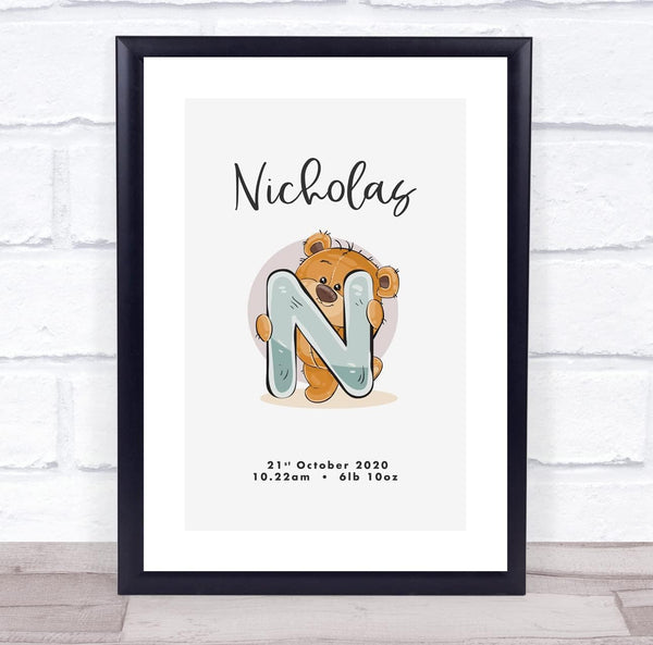 The Card Zoo New Baby Birth Details Christening Nursery Bear Initial N Keepsake Gift Print