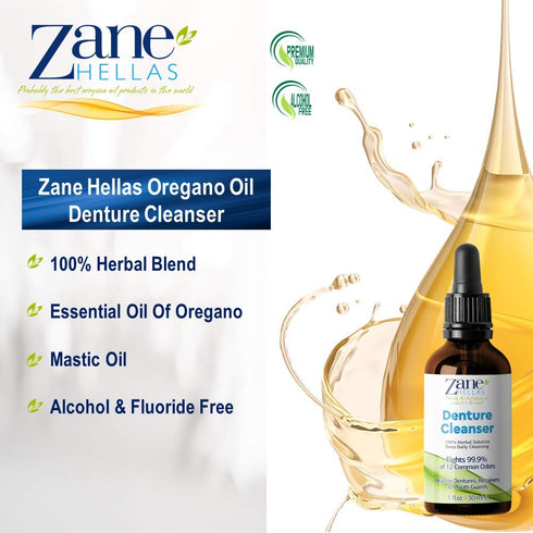 Zane Hellas Denture Cleaner with Oregano Oil, 1 fl.oz.-30ml for Plaque and Tartar Removal