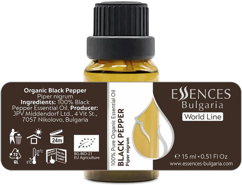 Essences Bulgaria Organic Black Pepper Essential Oil 0.51 Fl Oz | 15ml 100% Pure Natural for Aromatherapy, Massage