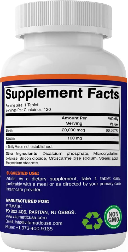 Vitamatic High Potency Biotin 20000 mcg (20mg) with Keratin 100mg - 120 Vegetarian Tablets for Healthy Hair Skin Nails