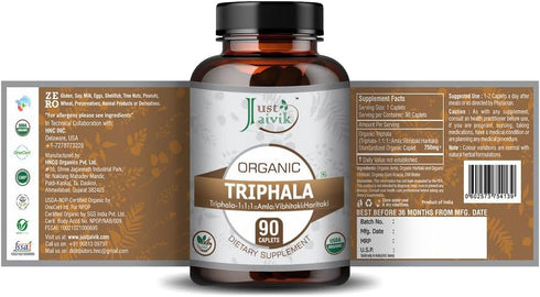 Just Jaivik Organic Triphala (Amla + Bibhitaki + Haritaki) Tablets - 750 mg (Pack of 90) for Detoxification &