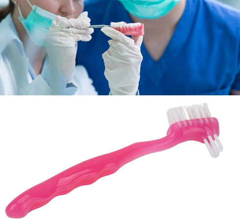 Double Sided Denture Cleaning Brush, Portable Plaque Removal Toothbrush for Home & Travel (Pink)