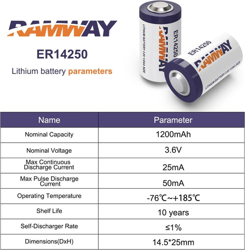 RAMWAY 1/2 AA Size 14250 Lithium Battery, 1200mAh 3.6V High Capacity for Dog Collar, Home Security