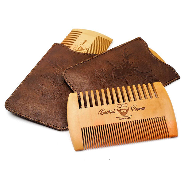 Wooden Beard Comb, 3 Pieces with Durable Cases for Men, Fine & Coarse Teeth, Brown Deer Design