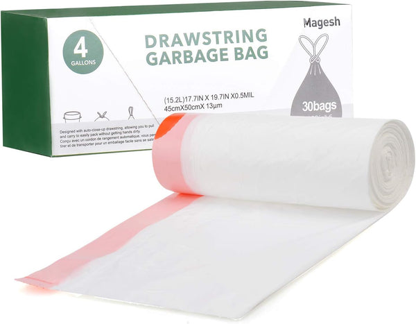 Magesh 4 Gallon Small Drawstring Trash Bags, 30 Counts, White