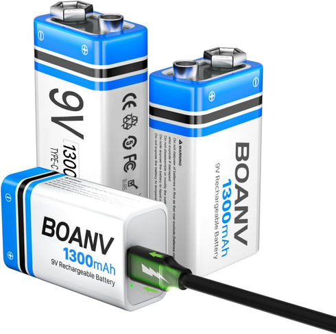 3 PCS 1300mAh 9V Rechargeable Batteries, Long Lasting USB Lithium Battery with 2 in 1 Charging Cable for Smoke
