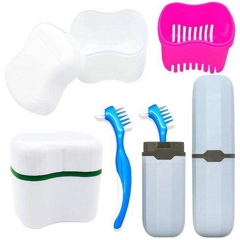 Denture Case Kit with 2 Bath Cups, 2 Denture Brushes & 2 Portable Toothbrush Boxes for Travel