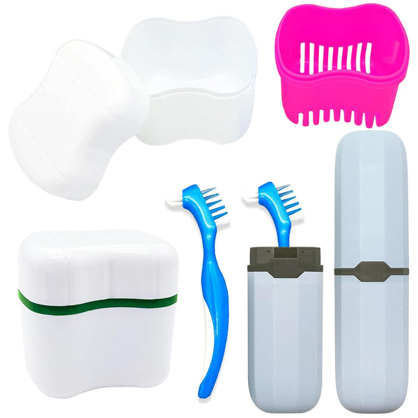 Denture Case Kit with 2 Bath Cups, 2 Denture Brushes & 2 Portable Toothbrush Boxes for Travel