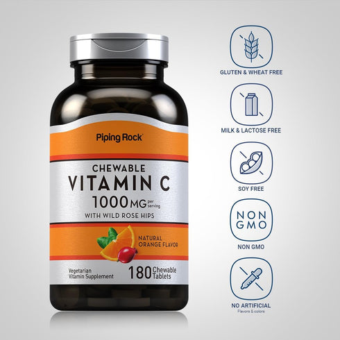 Piping Rock Vitamin C Chewable 1000mg, 180 Tablets, Orange Flavor, Vegetarian, Non-GMO, Gluten Free