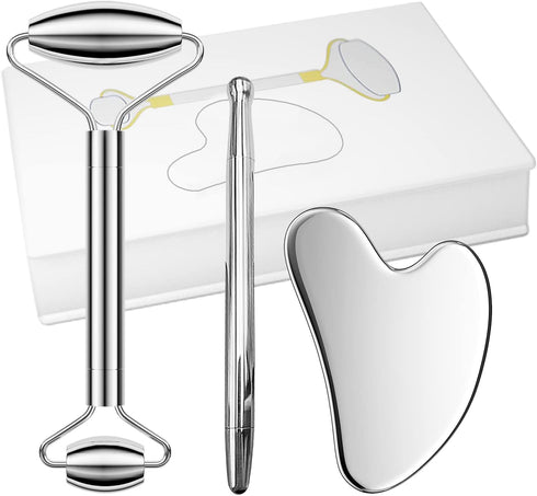 Gua Sha Facial Tools Set,Ice Face Rollers,Manual Acupuncture Pen,Stainless Gua Sha,3-in-1 Stainless