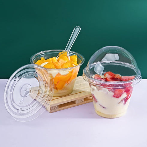 KKONHII 50 Pack 7oz Disposable Dessert Cups, Clear Plastic Cups with Lids, Mini Parfait Cups with No Holes Dome Lids