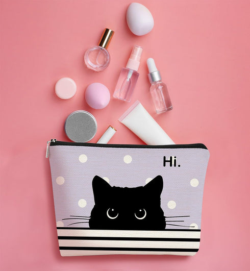 Cat Makeup Bag, Black Cat Purse, Cute Cosmetic Bag for Women and Teen Girls, Gifts for Cat Lovers - Purple Polka Dot