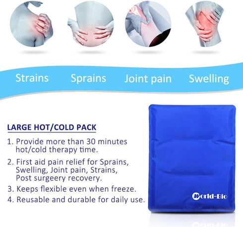 WORLD-BIO Large Flexible Hip Ice Pack - 2 Packs for Hot & Cold Therapy, 11" x 14" Blue