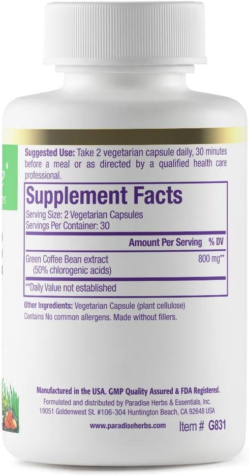 Paradise Herbs Green Coffee Bean, Active Whole Spectrum Extract, Super Potent, Ultra Pure, Vegan, Gluten Free, Non-GMO, 60 Count Vegetarian Capsules