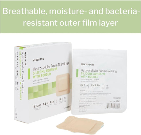 McKesson Hydrocellular Foam Dressings, Sterile Silicone Adhesive with Border, 10 Count, 3 in x 3 in