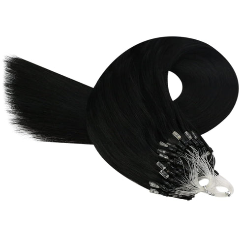 YoungSee Micro Bead Hair Extensions, Real Human Hair Black Microlink Extensions, Jet Black Micro Ring, 16 Inch, 50s/50g