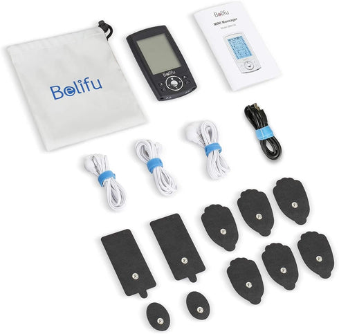 Belifu Dual Channel TENS EMS Unit - 24 Modes Muscle Stimulator for Pain Relief Therapy with 10 Pads