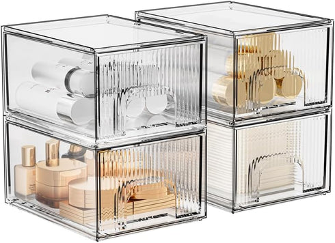 ZHIAI 4 Pcs Makeup Organizer Drawers, Stackable Stripes Bathroom Organizers for Vanity and Kitchen Cabinets