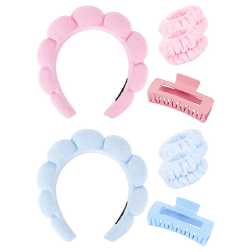 Wecoe Pink Blue Spa Headband and Wristband Set, Skincare Headband for Washing Face, Hair Claw Clips for Thick Hair