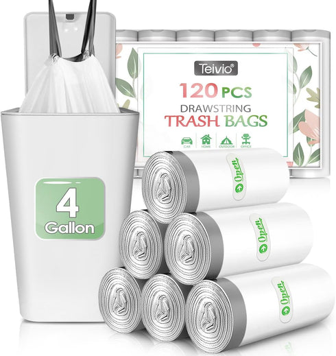 Teivio 4 Gallon 120 Counts White Strong Drawstring Trash Bags, Small Plastic Liners for Home Office Kitchen Bathroom
