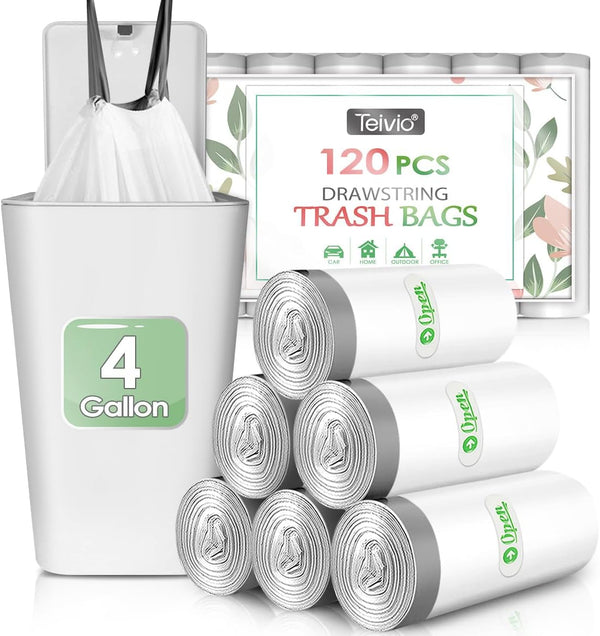 Teivio 4 Gallon 120 Counts White Strong Drawstring Trash Bags, Small Plastic Liners for Home Office Kitchen Bathroom