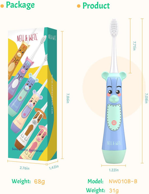 NELL&WELL Kids Electric Toothbrush, 2-Min Timer, 3 Modes, IPX 7 Waterproof, Battery Powered for Ages 3+