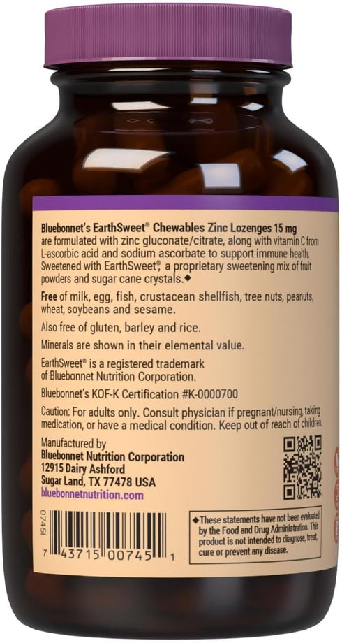 Bluebonnet Nutrition Earthsweet Zinc Lozenges 15mg, 100mg Vitamin C, Vegan, Orange Flavored, 60 Lozenges