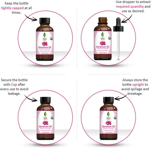 SVA Geranium Essential Oil Organic – 1 Fl Oz – 100% Natural Organic Geranium Oil for Diffuser, Hair Care, Face, Skin