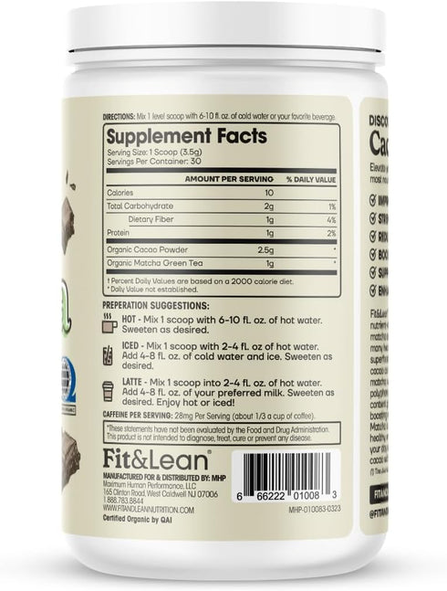 Fit & Lean Cacao Matcha Green Tea Powder – Organic, Japanese Ceremonial Grade, Superfood, Antioxidants, Energy, Mood,
