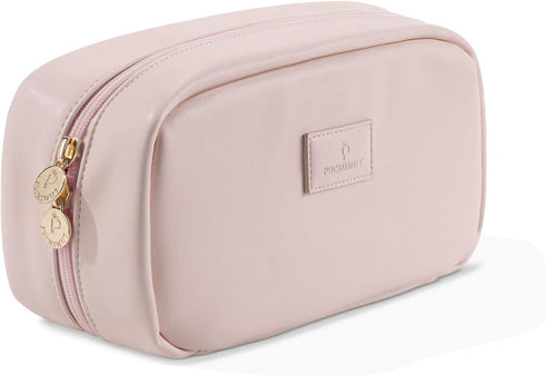 Pocmimut Makeup Bag, PU Leather Travel Cosmetic Bag, Open Flat Pouch for Women Accessories (Pink)