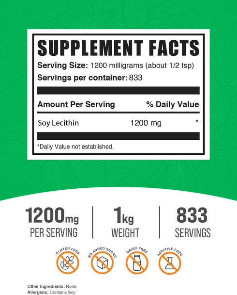 BulkSupplements.com Soy Lecithin Powder, Lecithin Supplement 1200mg, Gluten Free, 1kg (2.2 lbs)