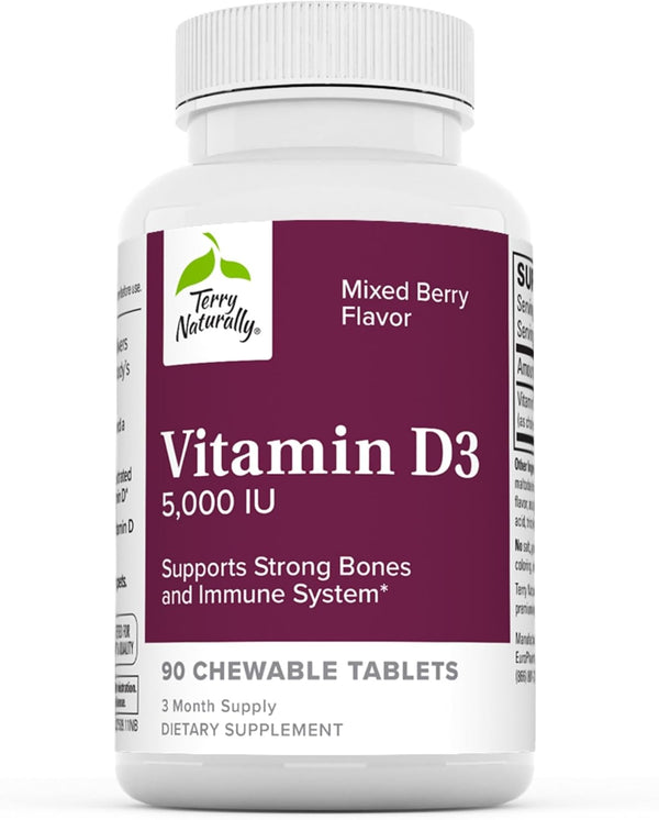 Terry Naturally Vitamin D3 5,000 IU - 90 Chewable Tablets, Mixed Berry Flavor, Non-GMO, Gluten Free