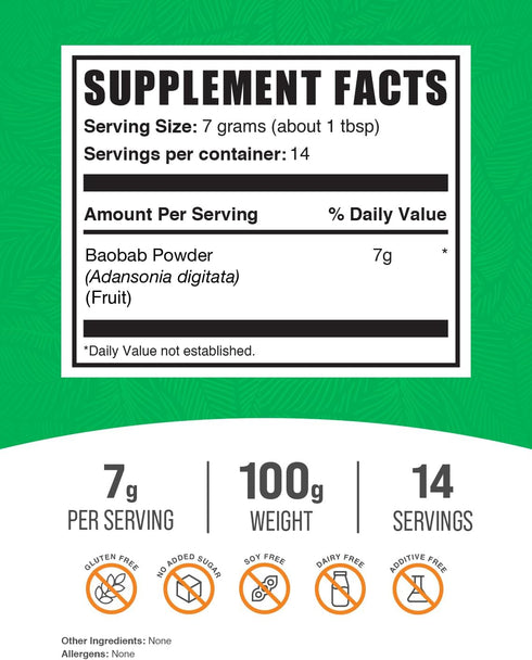 BulkSupplements.com Baobab Powder - Baobab Supplement, from Baobab Fruit - Antioxidant, Vitamin C & Fiber Source, Gluten Free, 7g per Serving, 100g (3.5 oz) (Pack of 1)