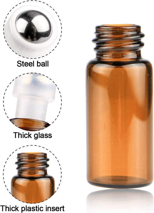 Wresty 25 Pcs Essential Oil Glass Roller Bottles, Mini Refillable Amber Glass Roll On Bottles (1ml)