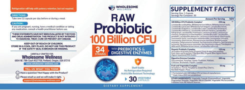 Wholesome Wellness Organic Raw Probiotics 100 Billion CFU, 30 Capsules, Complete Adult Supplement with Prebiotics