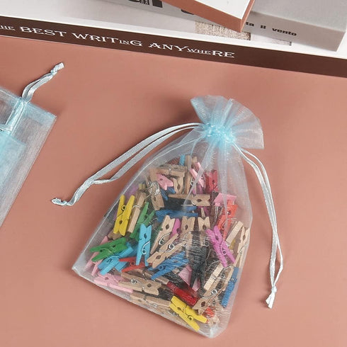 HRX Package 100pcs Organza Favor Bags 4 x 6 inch, Light Blue Mesh Drawstring Sheer Jewelry Pouches for Baby Shower Party