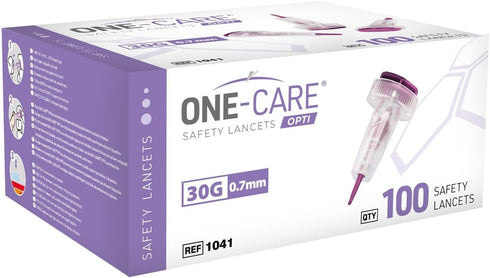 MediVena ONE-CARE Safety Lancets, 30G x 1.5mm, Gentle Pre-Loaded Finger Self Prick Device for Diabetes Testing, 100/Box
