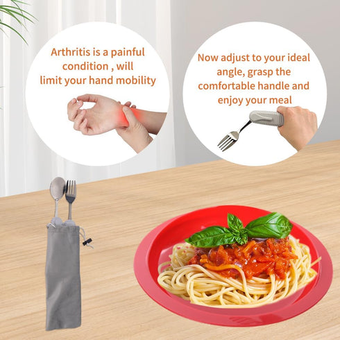 Adaptive Utensils Set for Hand Tremors, Angle Adjustable Silverware Aid for Parkinsons (4 Count: 2 Spoon + 2 Fork)