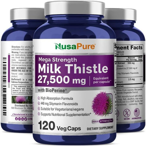 NusaPure Milk Thistle Extract 27,500mg 120 Veggie Capsules (50:1 Extract) Max Strength with 80% Silymarin