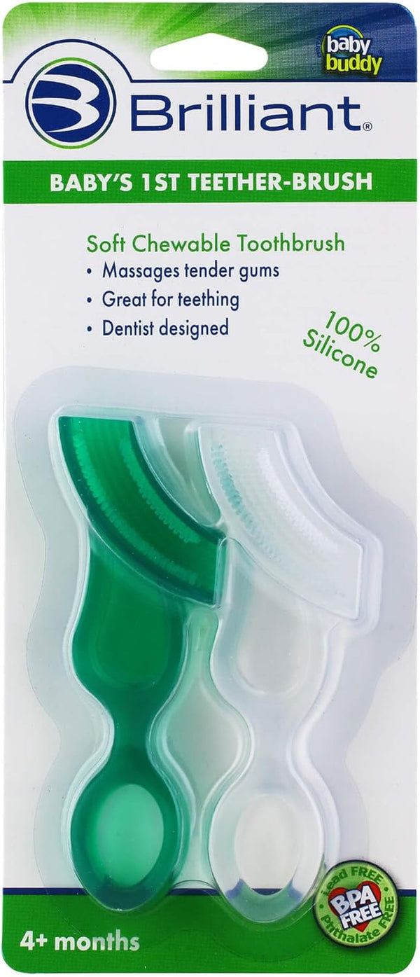 Brilliant Oral Care Baby’s First Toothbrush, Smooth Silicone Bristles for Ages 4+ Months, Green + Clear, 2 Pack
