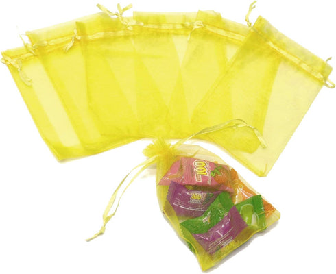 100Pcs Premium Sheer Organza Bags, Yellow Wedding Favor with Drawstring, 3x4 Inch Jewelry Gift for Party