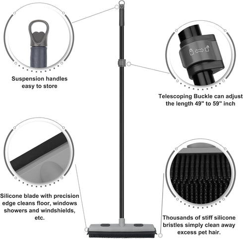 Pet Hair Removal Rubber Broom with Squeegee, 59" Telescoping Handle Carpet Rake for Pet Hair