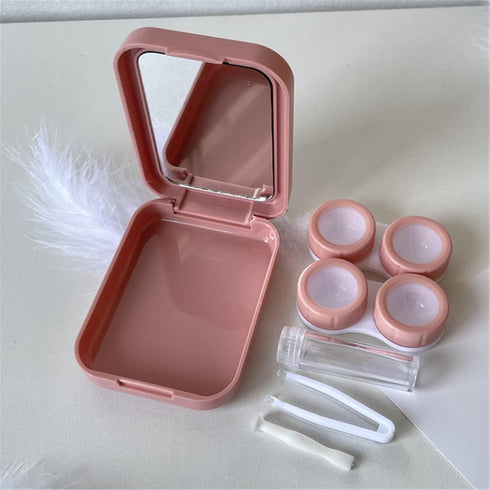 Pink Contact Lens Case Travel Kit - Portable Case with Mirror Tweezers and Solution Bottle